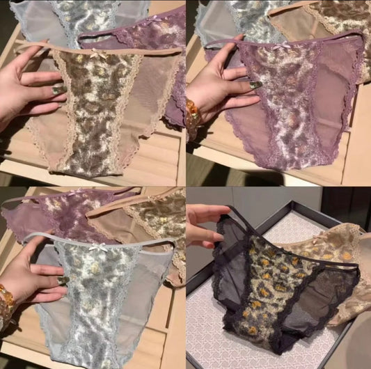 Leopard print seamless low-waist panties, comfortable pure cotton crotch girls satin