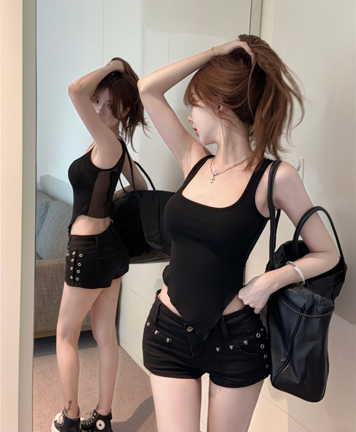 Sheer Mesh Spaghetti Strap Tank Top for Women, Summer Asymmetrical Strapless Backless Top 🖤