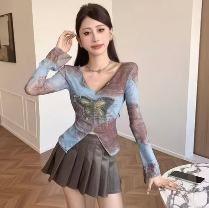 Summer Vintage Butterfly Applique T-Shirt Long Sleeve Slimming Waist-Cinching Top