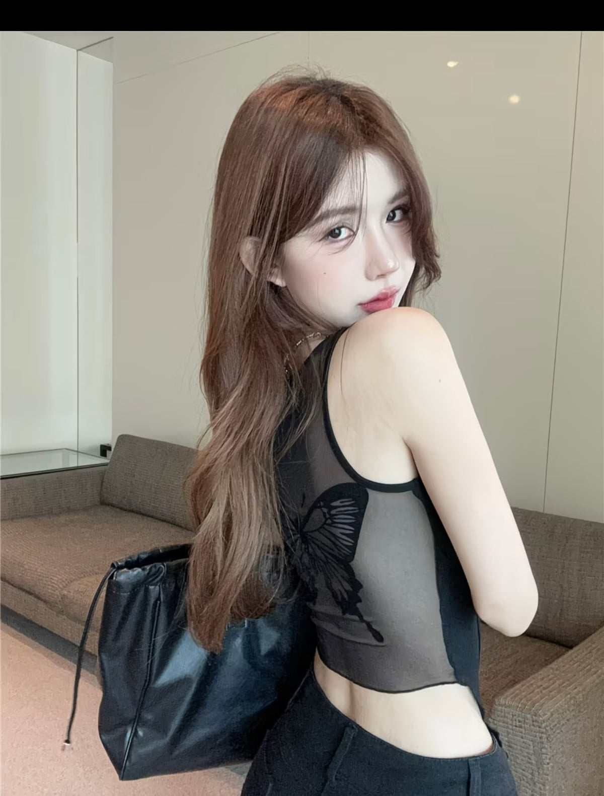Sheer Mesh Spaghetti Strap Tank Top for Women, Summer Asymmetrical Strapless Backless Top 🖤