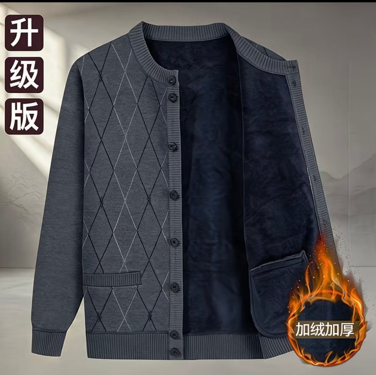 Men's Fleece-Lined Knitted Sweater Warm Thick Cardigan top selling product