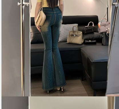 Women's 2026  Fall Elastic High-Waisted Designer
Patchwork Studded American-Style Flare Jeans for Petite Figures 👖