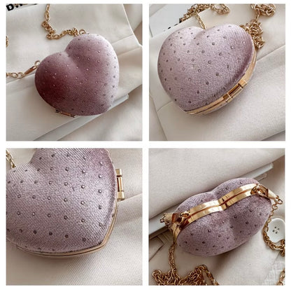 Ultra-mini luxury rhinestone sparkling wine-red heart-shaped  crossbody pouch