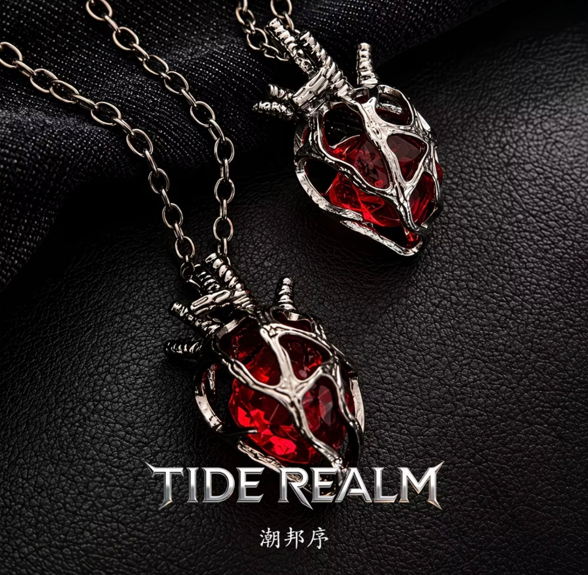 Gothic Dark Style Hollow Heart Red and Blue Glass Heart Pendant Necklace