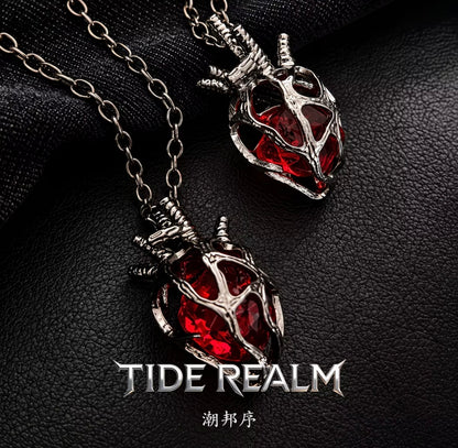 Gothic Dark Style Hollow Heart Red and Blue Glass Heart Pendant Necklace