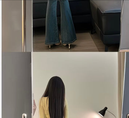Women's 2026  Fall Elastic High-Waisted Designer
Patchwork Studded American-Style Flare Jeans for Petite Figures 👖