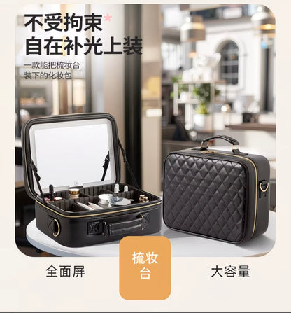 Professional Large-Capacity Storage Box with Mirror for Cosmetics, Includes Makeup Brush Set