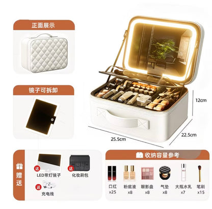 Professional Large-Capacity Storage Box with Mirror for Cosmetics, Includes Makeup Brush Set
