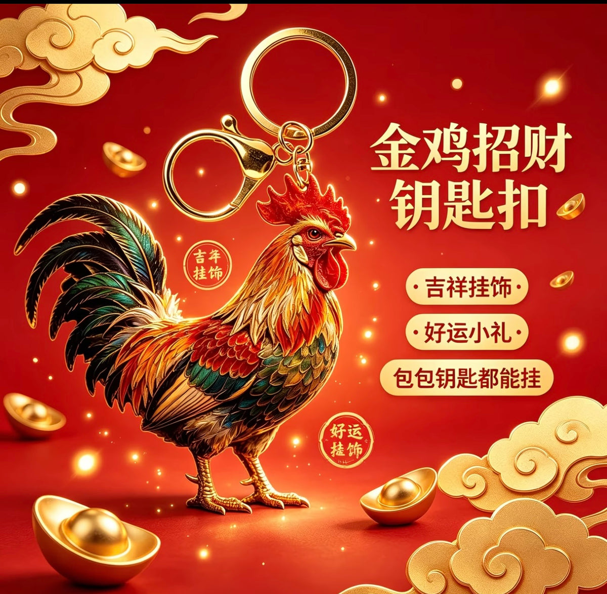 Golden Rooster Crowing Keychain - Chinese-style Big Rooster 🐓