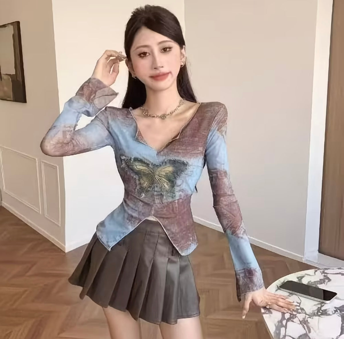 Summer Vintage Butterfly Applique T-Shirt Long Sleeve Slimming Waist-Cinching Top