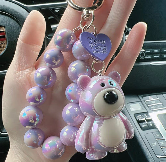 Iridescent Bear Keychain - Colorful Beaded Chain Pendant cute 🐻‍❄️