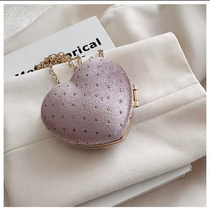 Ultra-mini luxury rhinestone sparkling wine-red heart-shaped  crossbody pouch