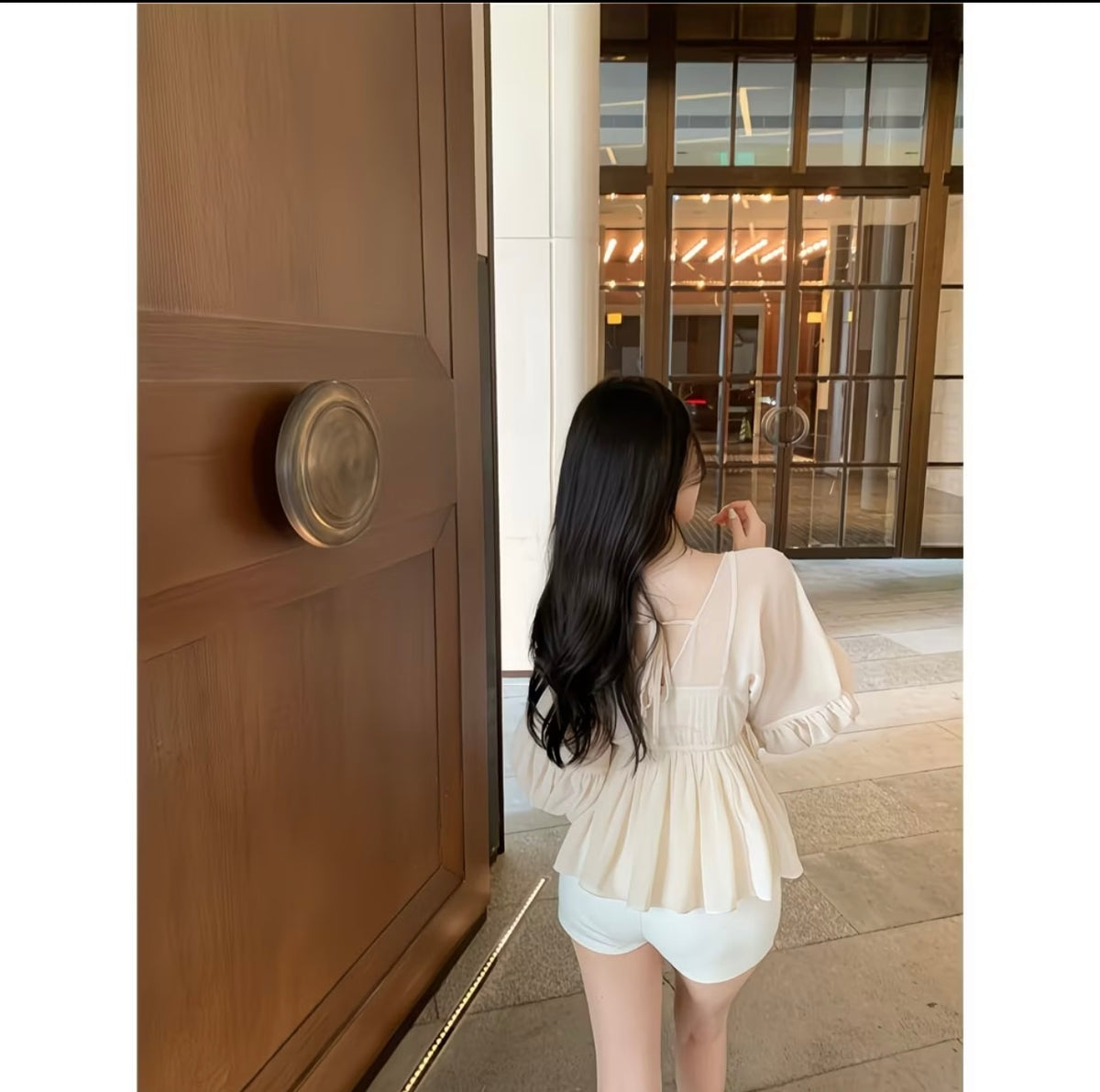 Korean-style Youthful Crochet Lace Patchwork Lantern Sleeve Chiffon midi dress for Women, New Fashion French-inspired Ethereal Chic shirt 🤍