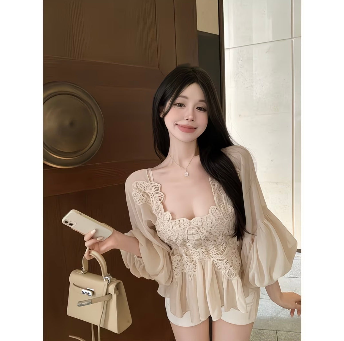 Korean-style Youthful Crochet Lace Patchwork Lantern Sleeve Chiffon midi dress for Women, New Fashion French-inspired Ethereal Chic shirt 🤍