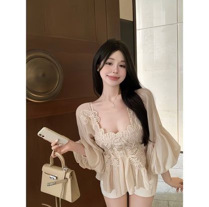 Korean-style Youthful Crochet Lace Patchwork Lantern Sleeve Chiffon midi dress for Women, New Fashion French-inspired Ethereal Chic shirt 🤍