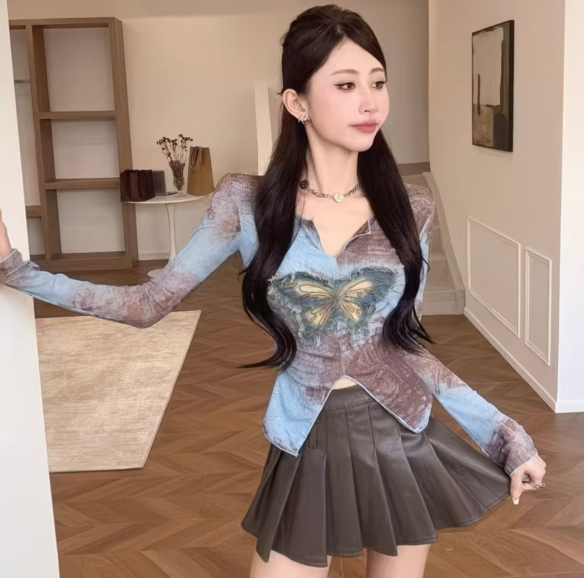 Summer Vintage Butterfly Applique T-Shirt Long Sleeve Slimming Waist-Cinching Top