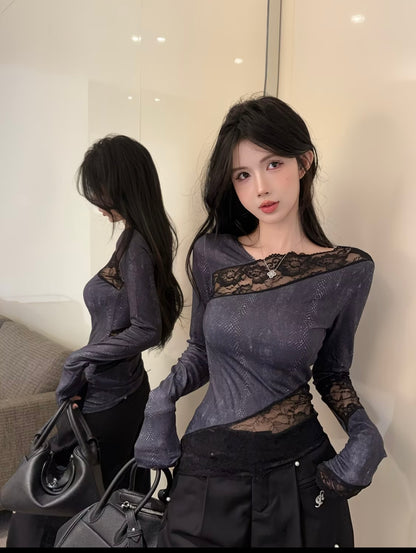 pring Spicy Girl Style Lace-Paneled Vintage
Long Sleeve T-Shirt, Stylish Outerwear Design with Irregular Hem for Slimming Effect 🐾🖤🪐