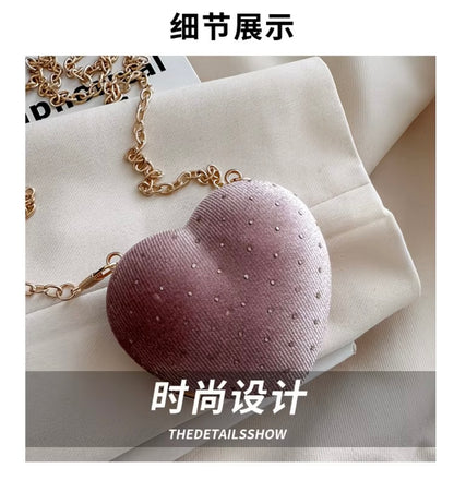 Ultra-mini luxury rhinestone sparkling wine-red heart-shaped  crossbody pouch