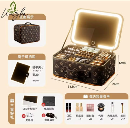Premium Makeup Organizer Box with Mirror, LED Light, Professional Stylist Storage Case