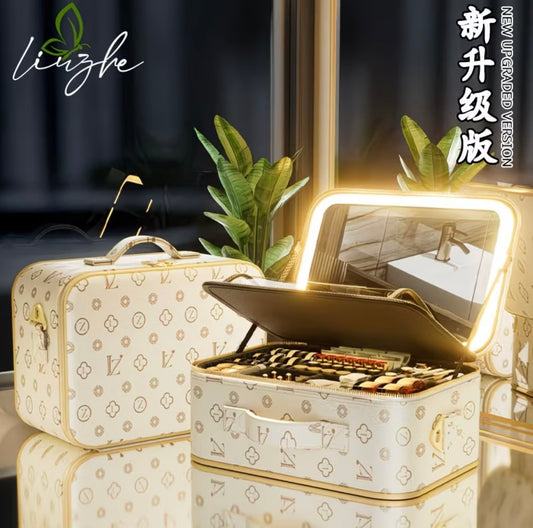 Premium Makeup Organizer Box with Mirror, LED Light, Professional Stylist Storage Case