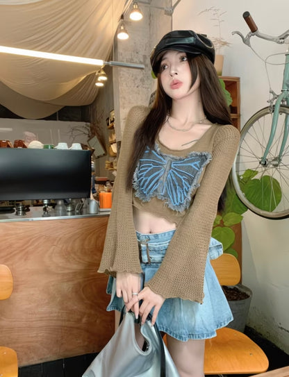 Brown butterfly-detail knit crop top