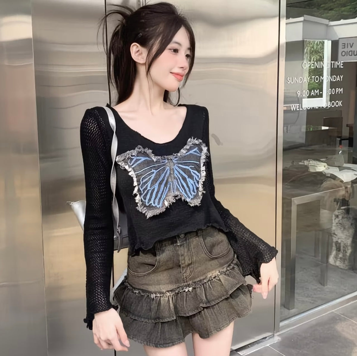 Black butterfly-detail knit crop top
