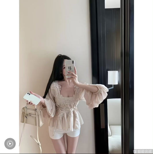 Korean-style Youthful Crochet Lace Patchwork Lantern Sleeve Chiffon midi dress for Women, New Fashion French-inspired Ethereal Chic shirt 🤍